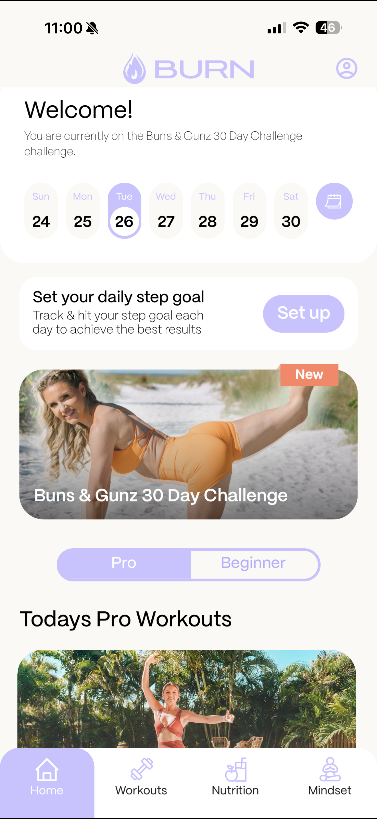 BURN app โ Buns & Gunz 30 Day Challenge welcome screen with daily step tracker