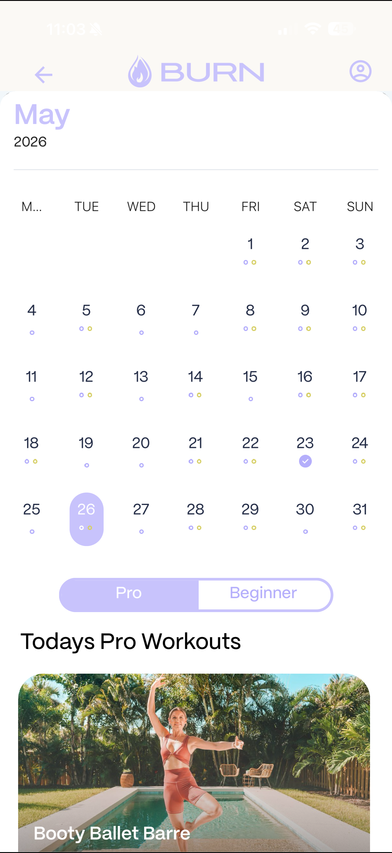 BURN app โ May challenge calendar view with today's pro workouts