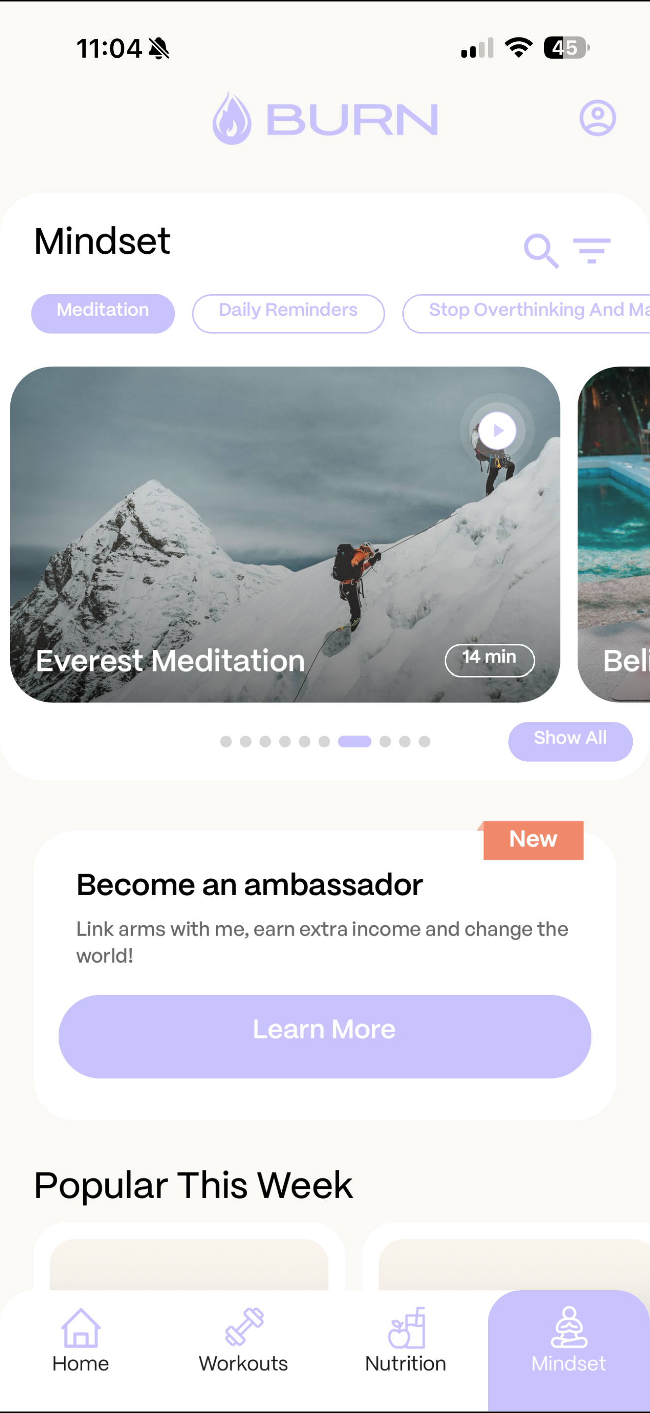 BURN app โ Mindset tab with Everest Meditation and daily reminders