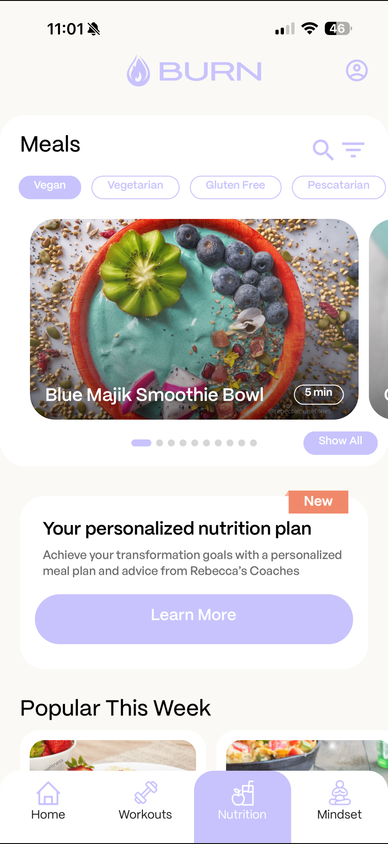 BURN app โ Meals tab with Blue Majik Smoothie Bowl and personalized nutrition plan