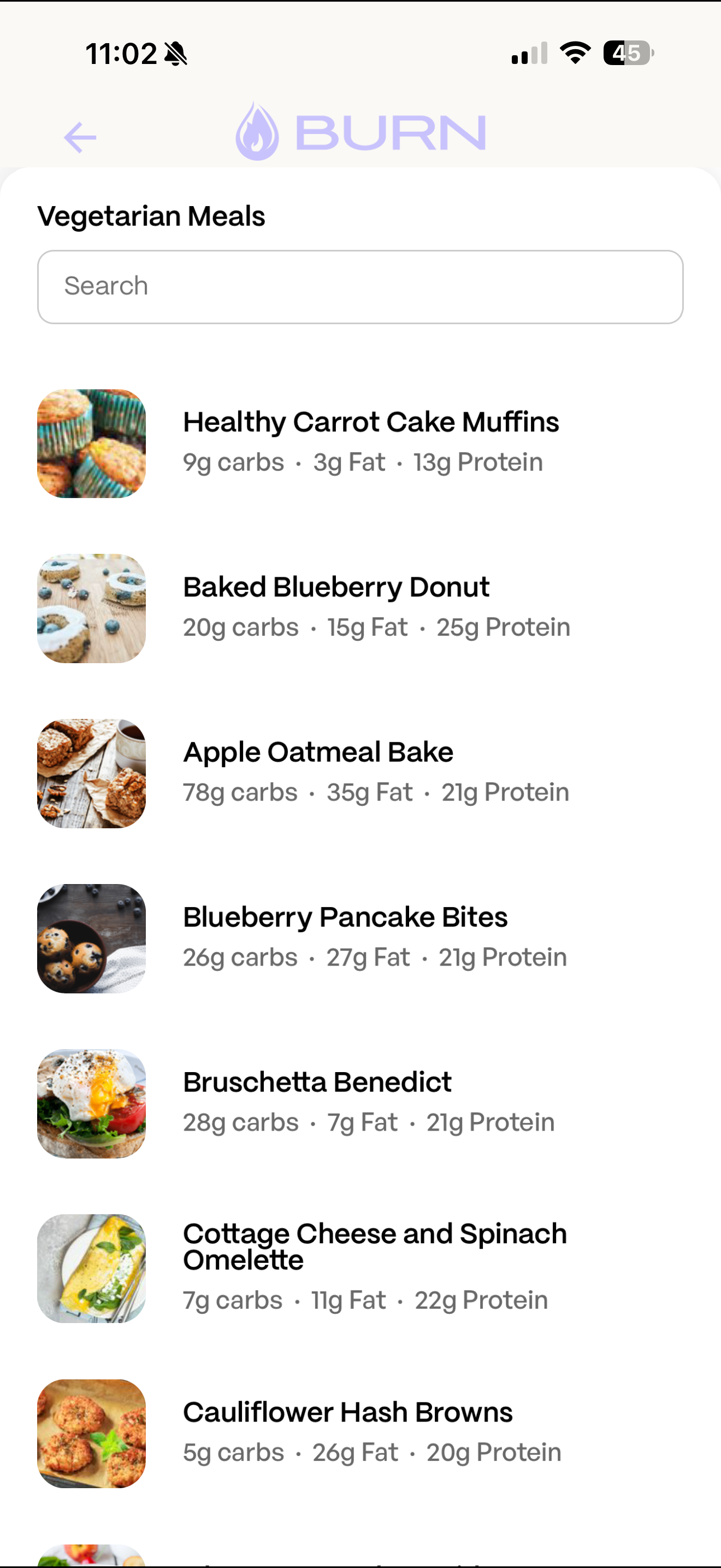BURN app โ Vegetarian meals list with carbs, fat and protein macros