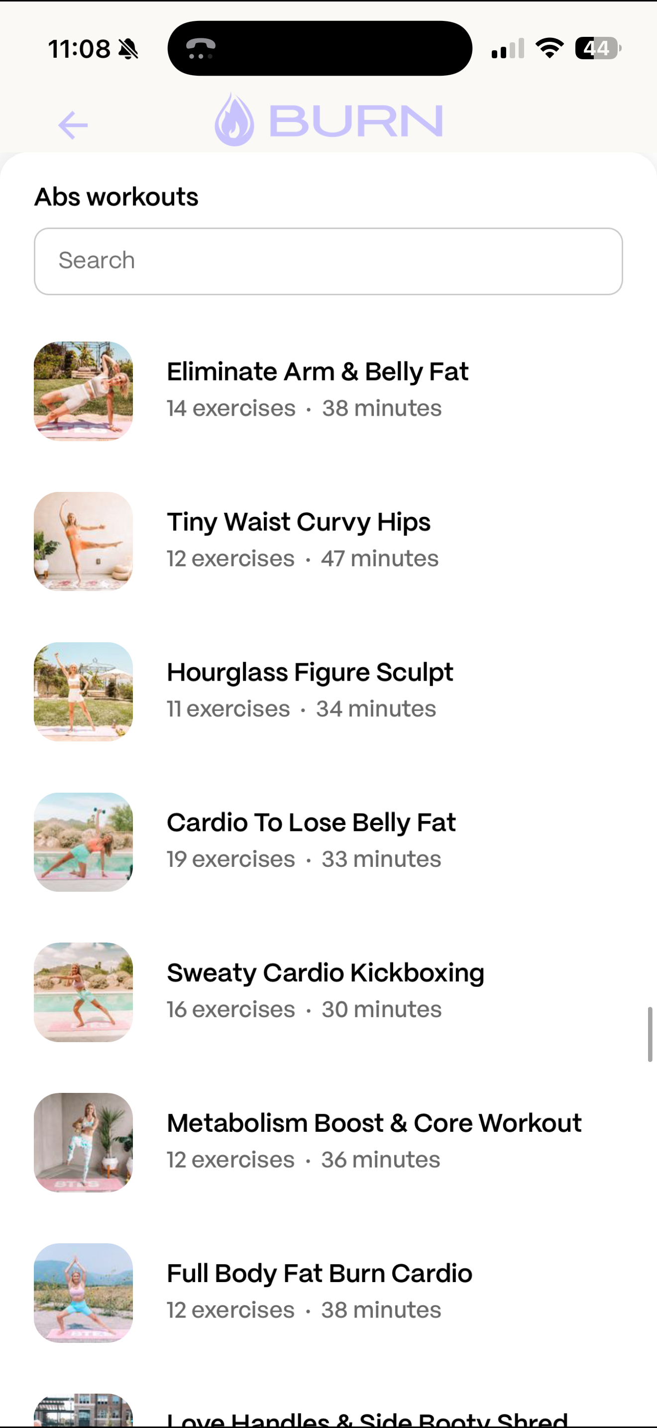 BURN app โ Abs workouts list with exercise count and duration