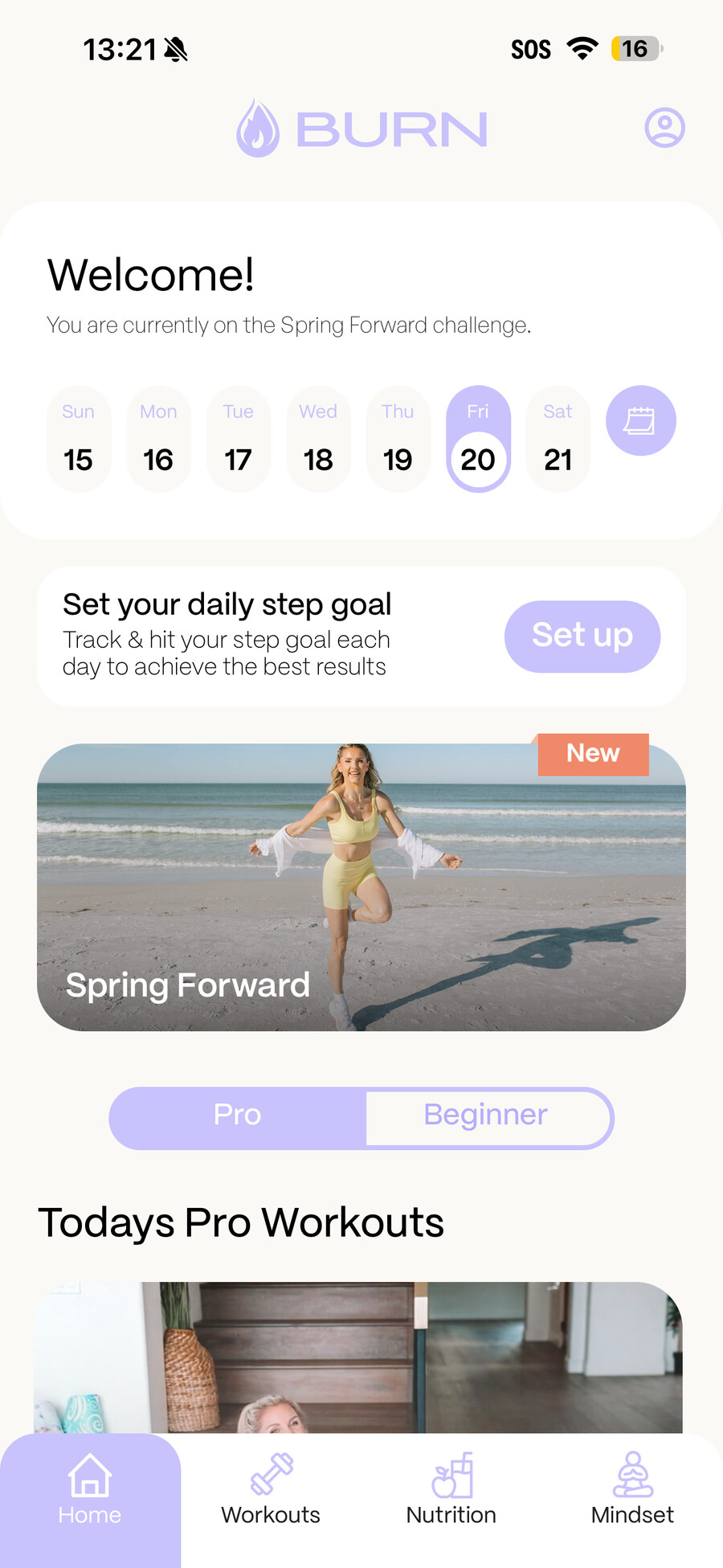 BURN app home dashboard