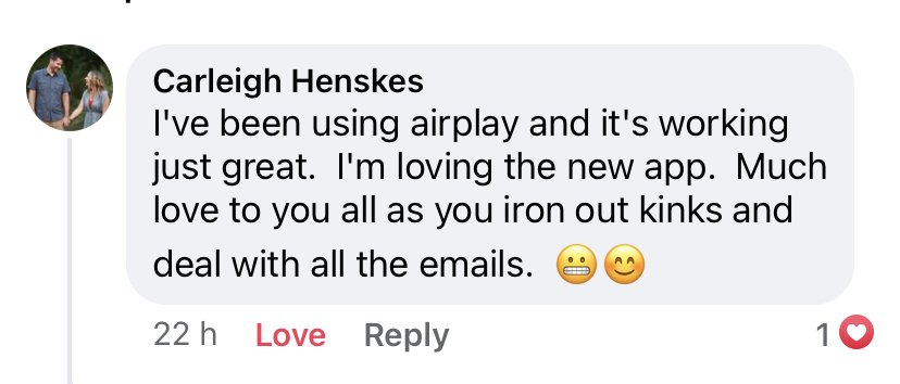 BURN member Carleigh Henskes โ I've been using airplay and it's working just great. I'm loving the new app.