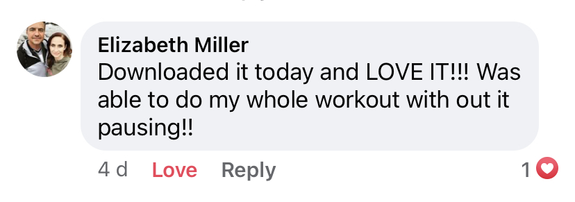 BURN member Elizabeth Miller โ Downloaded it today and LOVE IT!!! Was able to do my whole workout without it pausing!!